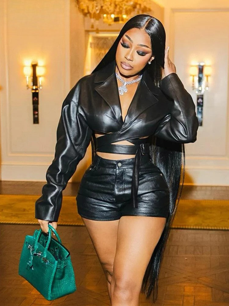 Faux Leather Cross-Front Top & Shorts Outfit