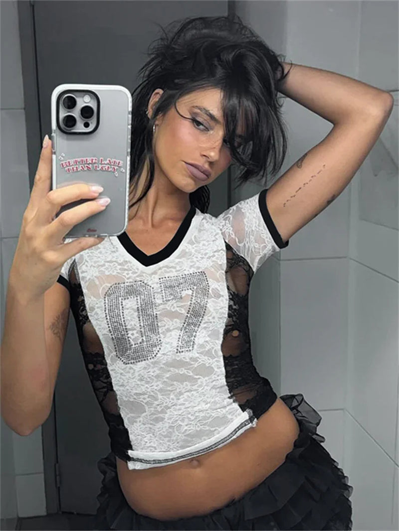 Mesh Patchwork Rhinestone 2-Piece Set – Crop Top & Tiered Skort