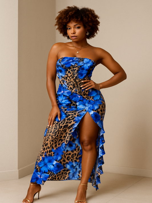 Blue Floral Leopard Slit Maxi Dress