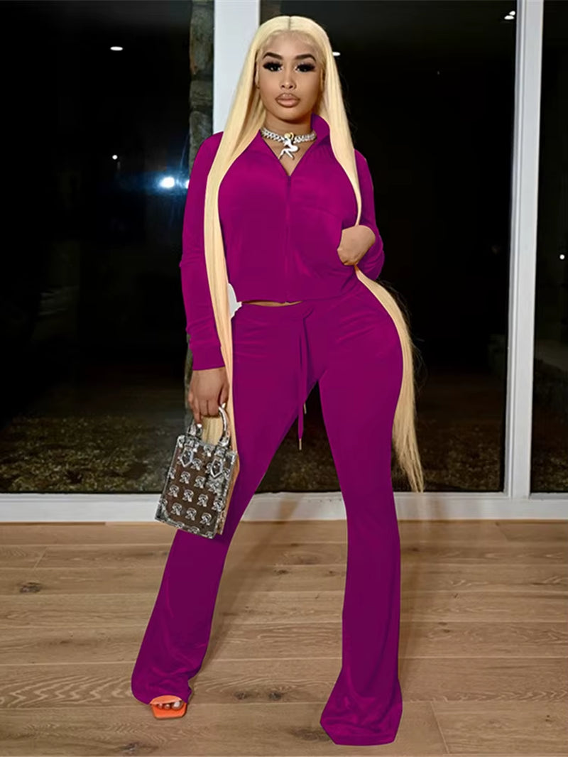 Casual Velour Set – Zipper Top & Slim Pants