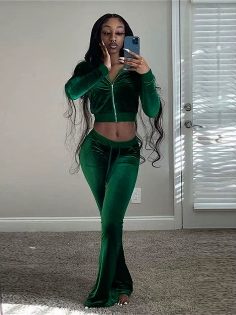 Casual Velour Set – Zipper Top & Slim Pants