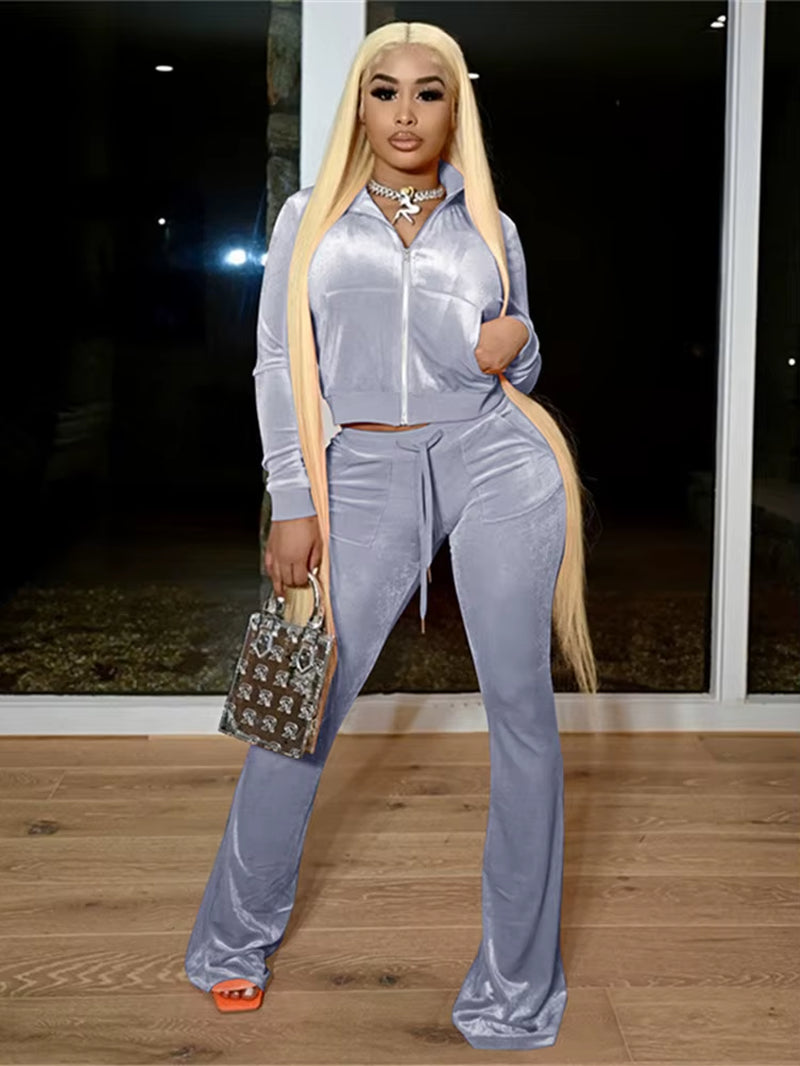 Casual Velour Set – Zipper Top & Slim Pants
